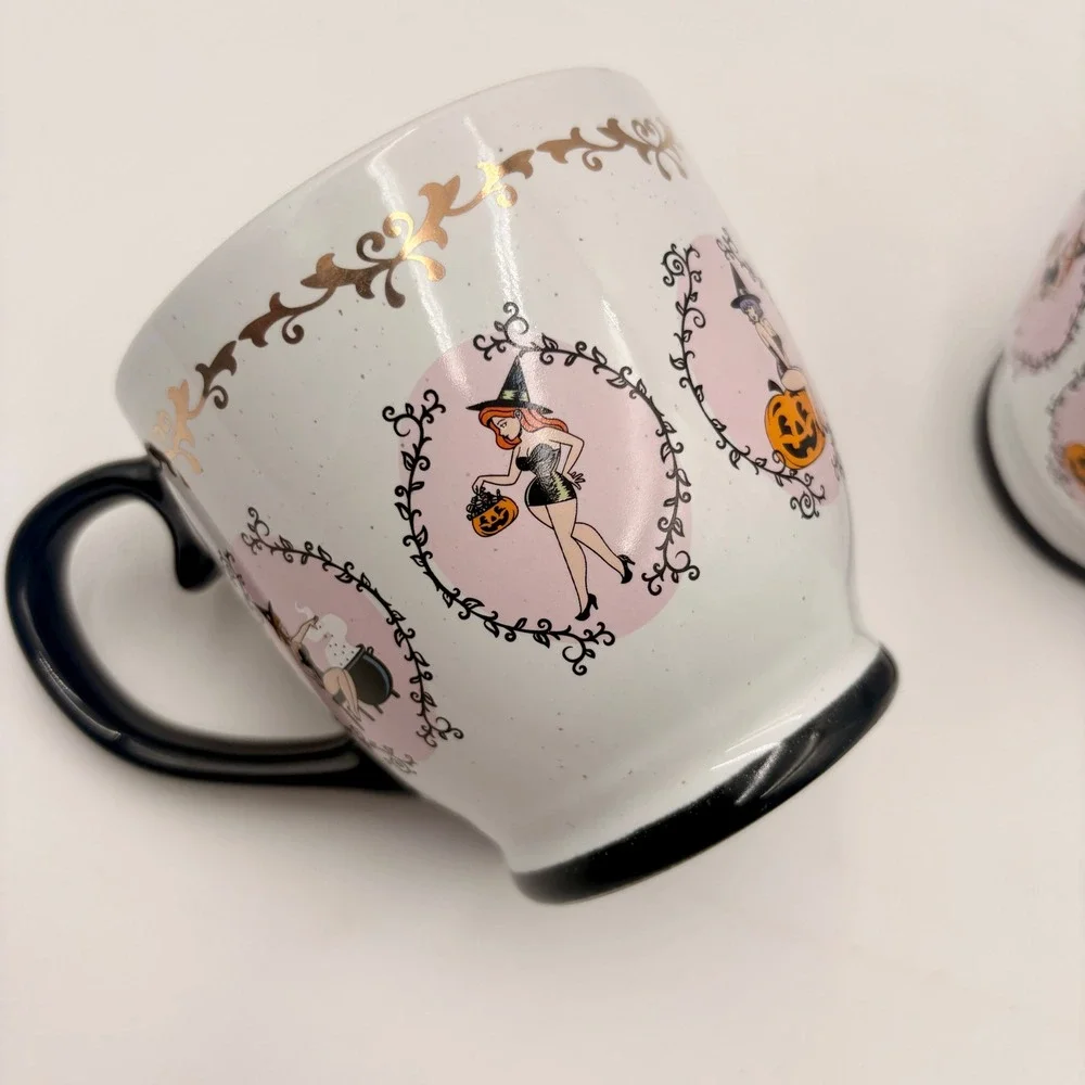 Set of 2 Retro Pin Up Witch Halloween Mugs Pink Interior Gold Filigree Ceramic